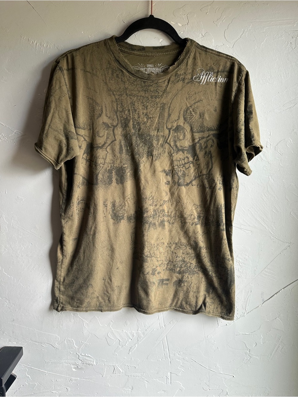 Y2K Affliction Skull Graphic T Shirt Olive Green Acid Wash Grunge S Thrashed